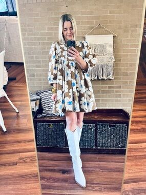 entro Brown Floral Mini Dress with White and Blue Blooms